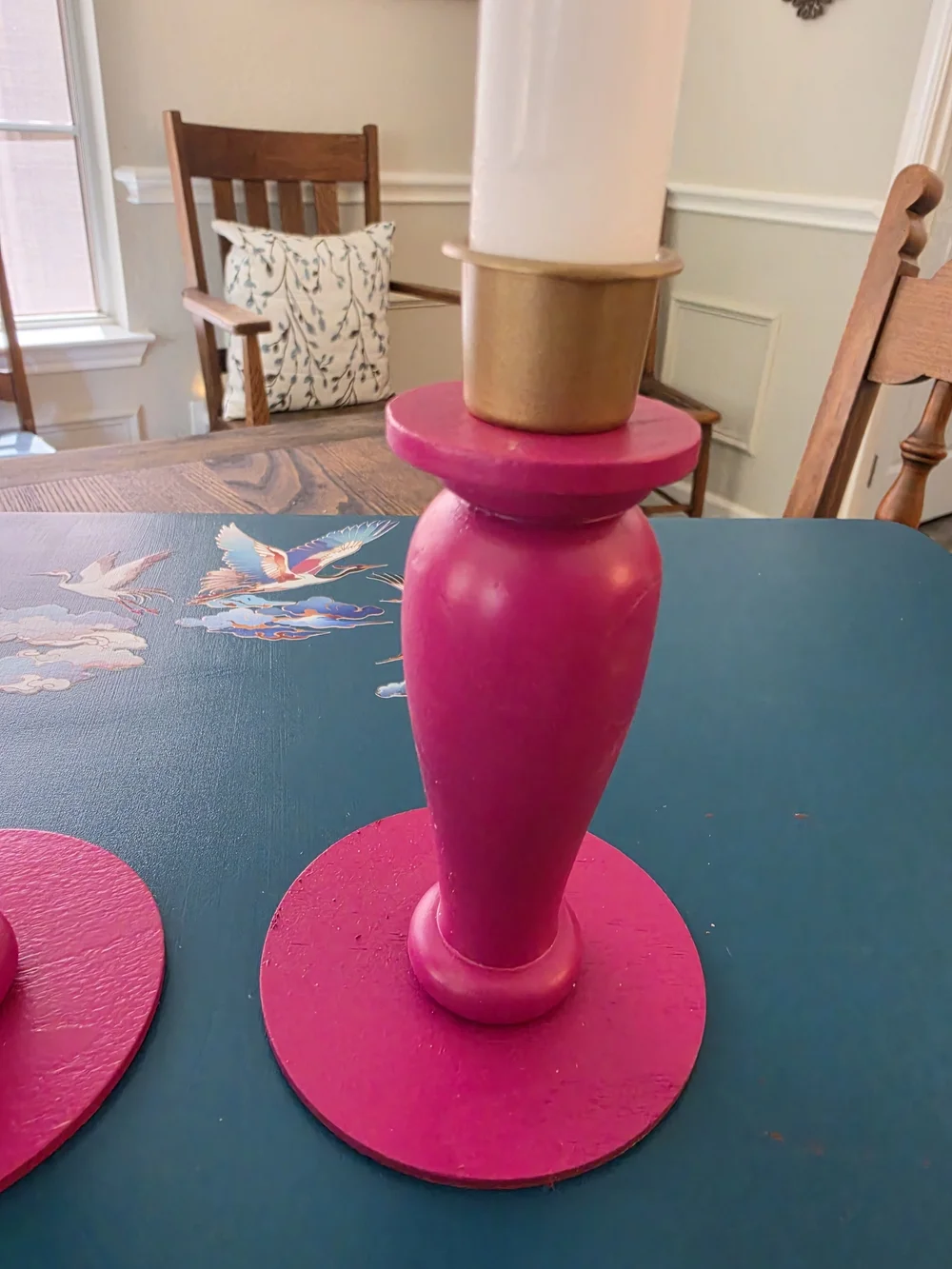 Set of 2 Wood Taper Candle Holder Candlesticks Pink Painted Gold Metal Cups 5in